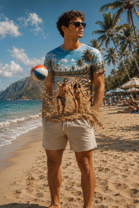 A man in sunglasses and beige shorts stands on a tropical beach while a surreal scene of a couple running on sand bursts from his blue t-shirt, with a beach ball flying nearby.