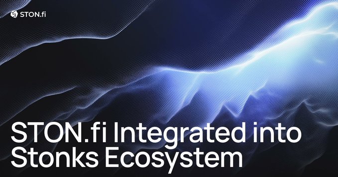 A promotional graphic featuring a dark blue, wave-like digital background with the STON.fi logo in the top-left corner and bold white text reading "STON.fi Integrated into Stonks Ecosystem," announcing the partnership between STON.fi and Stonks as described in the post.