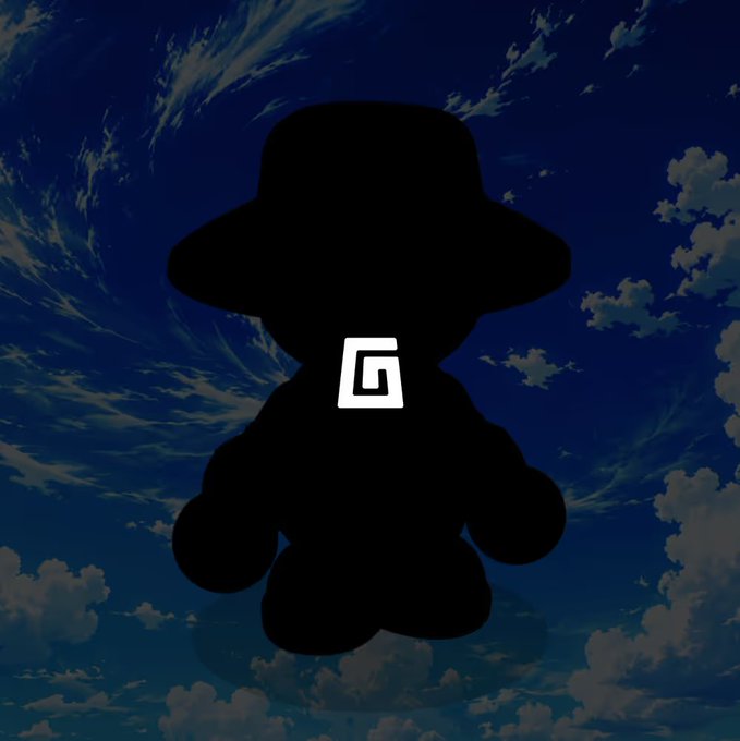 A black silhouette of a cartoon bear wearing a wide-brimmed hat, featuring a white 'G' logo on its chest, set against a backdrop of blue sky with clouds.