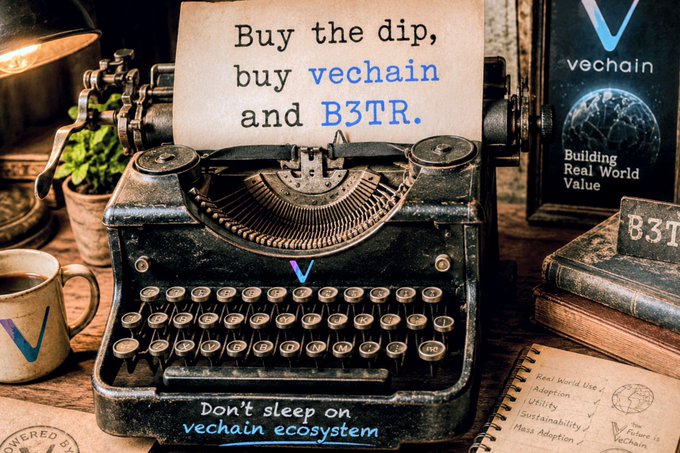 Vintage typewriter with a paper reading 'Buy the dip, buy vechain and B3TR,' alongside a VeChain book titled 'Building Real World Value.'