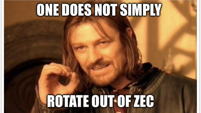 A 'One Does Not Simply' meme featuring Boromir from Lord of the Rings, with text reading 'ONE DOES NOT SIMPLY' and 'ROTATE OUT OF ZEC'.