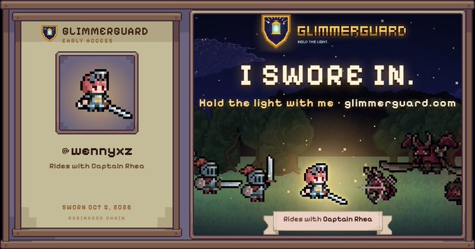 A promotional graphic for the indie game 'Glimmerguard' featuring pixel art, showing a character profile card for '@wennyxz' who 'Rides with Captain Rhea' with the tagline 'I SWORE IN. Hold the light with me' and the website glimmerguard.com.