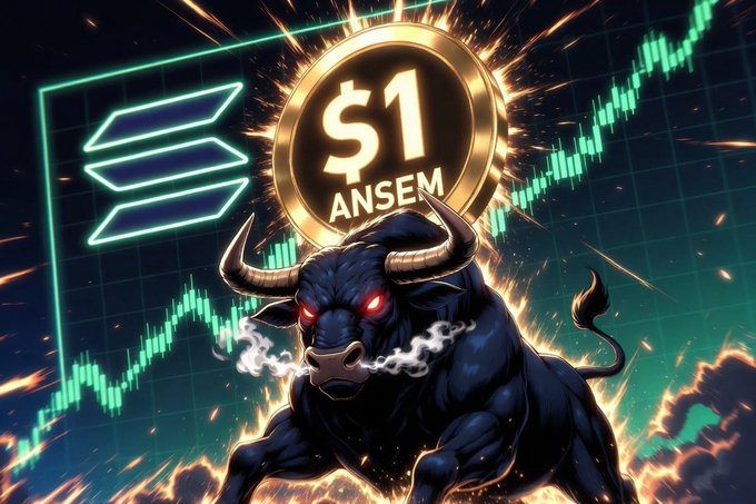 A digital artwork featuring a black bull with red glowing eyes charging forward, set against a stock chart background with a Solana logo and a golden coin reading '$1 ANSEM'.