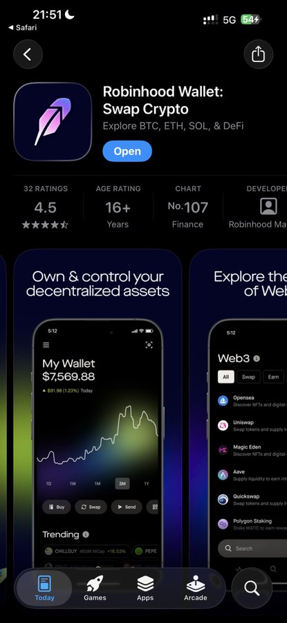 App Store listing for Robinhood Wallet: Swap Crypto, rated 4.5 stars with 32 ratings, age rating 16+, ranked #107 in Finance.