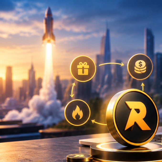 A stylized cryptocurrency scene shows a large gold-and-black coin marked with an R-like Rocket symbol beside icons for a gift, coins, and fire. A rocket launches from a futuristic city skyline in the background.