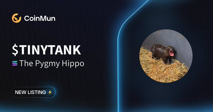 A promotional graphic from CoinMun announcing the new listing of $TINYTANK ("The Pygmy Hippo") token, featuring a small pygmy hippo on hay alongside a "NEW LISTING" badge. The design matches the post's announcement of the Solana token's debut on the CoinMun platform with a $112,210 market cap.
