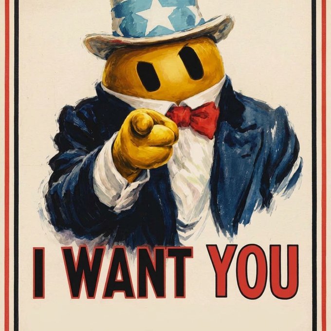 A vintage-style propaganda poster featuring a yellow smiley-face figure in an Uncle Sam outfit pointing forward, with the text "I WANT YOU" in red and black.