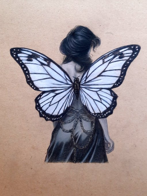A delicate sketch on tan paper depicting a woman viewed from behind, wearing a black dress and adorned with large, detailed monarch butterfly wings.