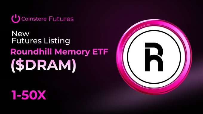 A Coinstore Futures promotional graphic announcing the new listing of Roundhill Memory ETF ($DRAM) futures with 1-50x leverage, featuring the brand's pink circular logo on the right side.