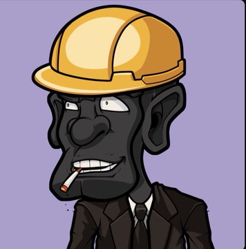 A cartoon caricature of a suspicious-looking man with dark skin, wearing a yellow hard hat and black suit, smoking a cigarette against a purple background.