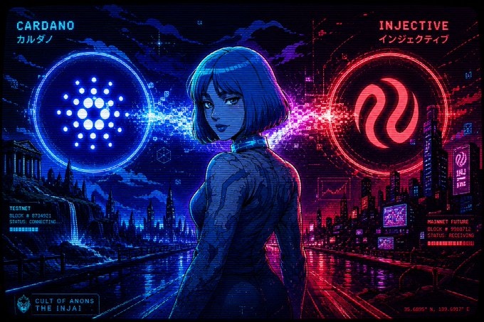 Futuristic digital art featuring 'CARDANO' and 'INJECTIVE' crypto logos with their Japanese names (カルダノ, インジェクティブ), an anime-style character, and Japanese text referencing 'Cult of Anons' and 'The Inja'.