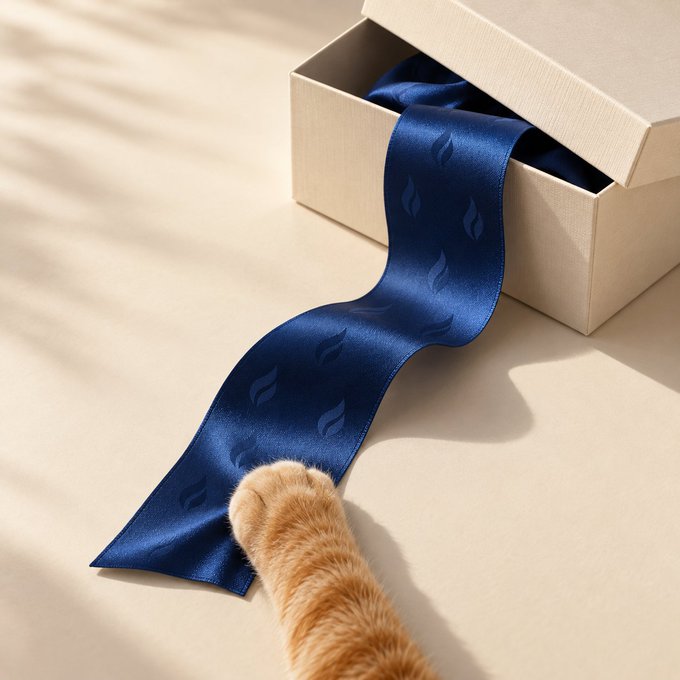 A navy blue patterned silk tie spills out of a beige gift box on a light surface, with a cat's orange paw reaching toward it.
