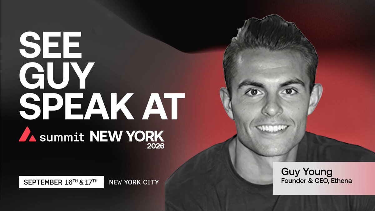 The image features a man smiling for the camera with the text "See Guy Speak At Summit New York" written above him, indicating that he is at an event related to cryptocurrency or blockchain technology. The caption below his photo reads "Guy Young sees crypto growing into a multi-trillion-dollar market. As Founder @ethena, he's building around a big piece of that future: crypto-native money. At Avalanche Summit, he'll talk to us about where DeFi goes next."