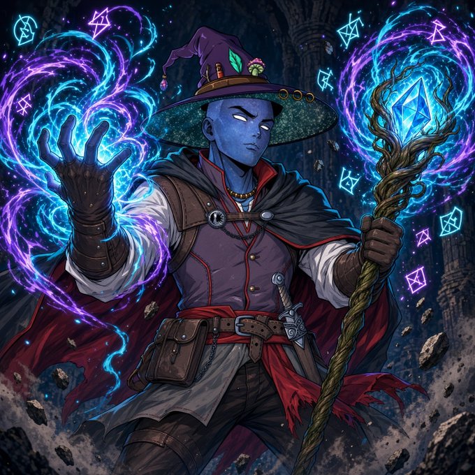 Digital fantasy artwork of a blue-skinned character wearing a wizard hat and red cape, casting purple and blue magic from one hand while holding a staff topped with a glowing blue crystal.