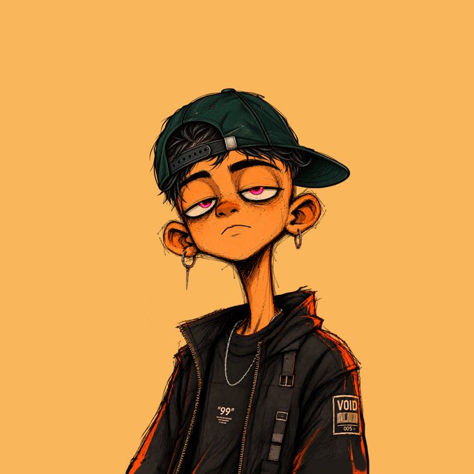 A digital illustration of a stylized young person wearing a green backwards cap, black jacket with orange stripes, and earrings, with text "VOID" and "005" visible on the clothing against an orange background.