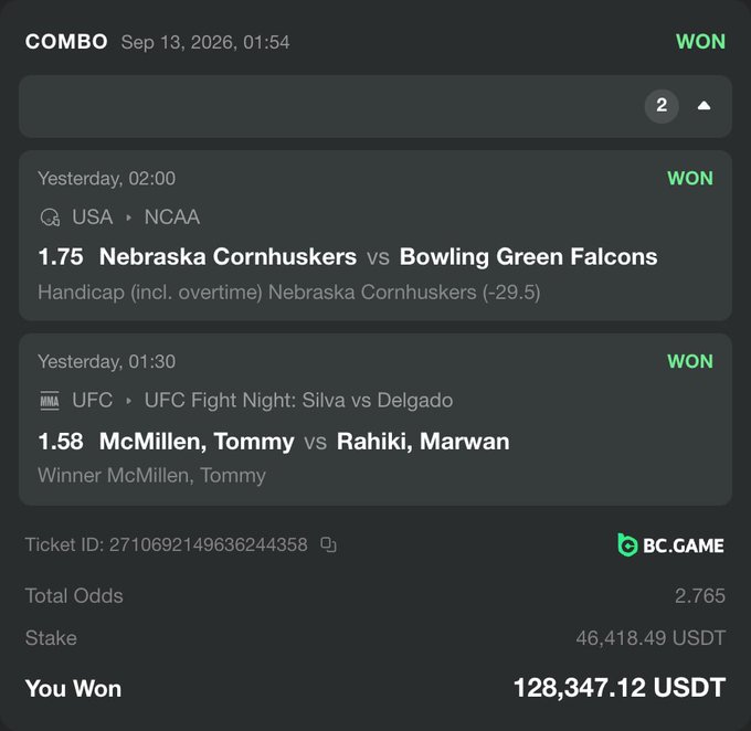A sports betting winning ticket from BC.GAME dated Sep 13, 2026, showing two won bets on NCAA (Nebraska Cornhuskers vs Bowling Green Falcons) and UFC (McMillen vs Rahiki), with a total stake of 46,418.49 USDT and winnings of 128,347.12 USDT.