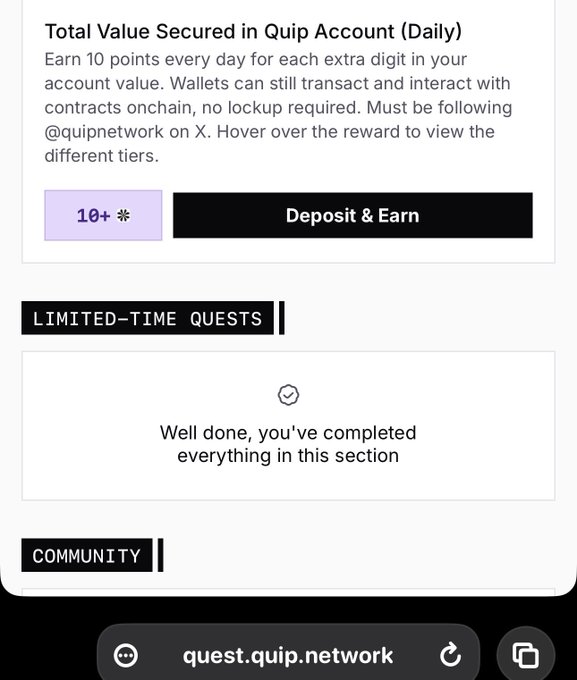 A rewards/quests page on quest.quip.network showing a 'Total Value Secured in Quip Account (Daily)' task offering 10+ points with a 'Deposit & Earn' button, along with a completed 'Limited-Time Quests' section.