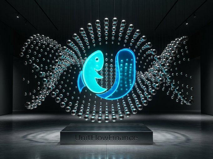 A digital artwork featuring a stylized cyan fish logo made of metallic spheres displayed in a modern gallery space, with 'UnitFlowFinance' text on a pedestal below.