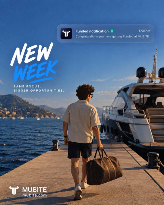 A promotional advertisement for MUBITE featuring a man carrying a bag on a dock by a yacht, with text 'NEW WEEK - SAME FOCUS, BIGGER OPPORTUNITIES' and a funded notification at 5:08 AM.