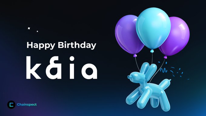 A festive birthday graphic celebrating Kaia with the text "Happy Birthday Kaia" alongside purple and teal balloons and a balloon-dog figure, with the Chainspect logo in the corner. The image visually marks Kaia's 7th anniversary, complementing the post's milestone of 2.84 billion transactions processed since launch.