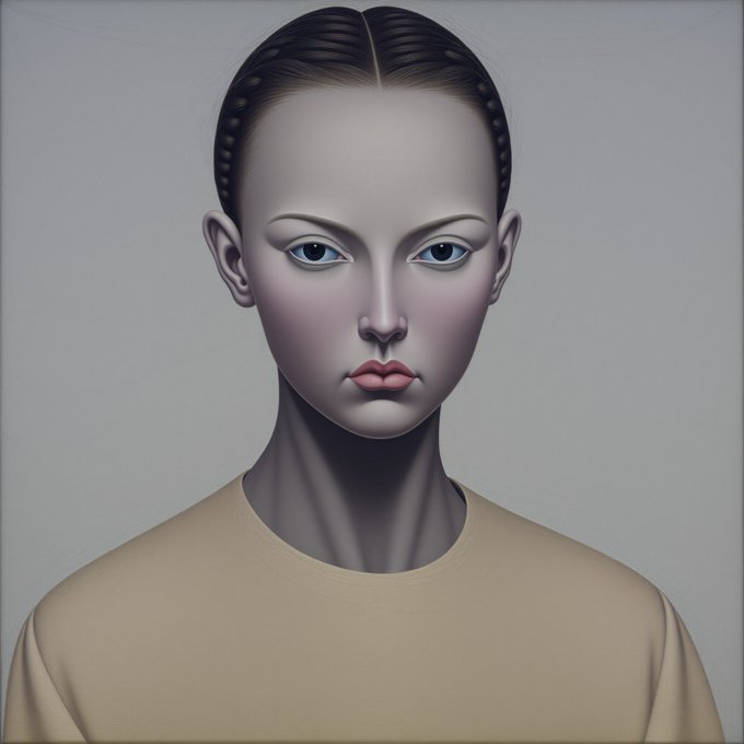 A stylized digital portrait of a pale, androgynous figure with slicked-back dark hair, blue eyes, and pink lips wearing a tan shirt.