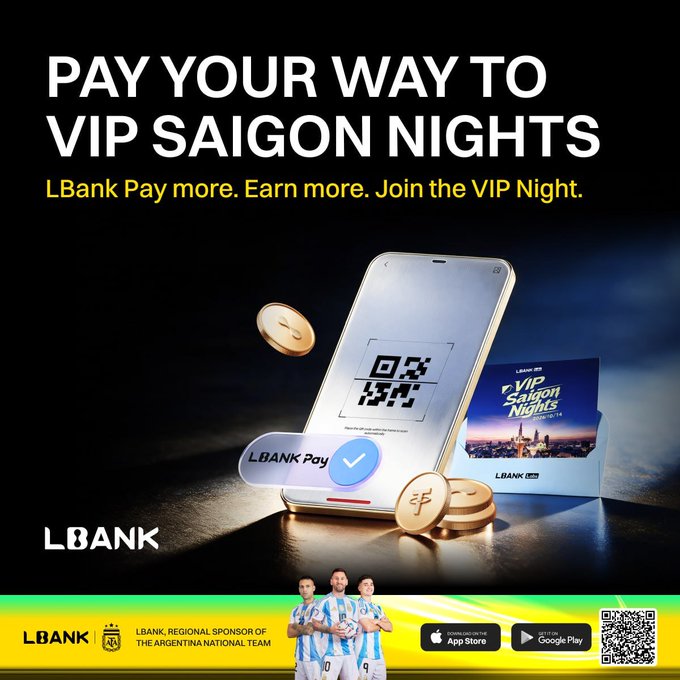 An advertisement for LBank Pay featuring 'VIP Saigon Nights,' showing a smartphone, gold coins, and the Argentina national football team as a regional sponsor.