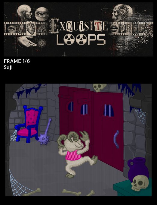A dark title banner reading "Exquisite Loops" with surreal imagery appears above a cartoon frame labeled "FRAME 1/6 Suji," showing a horned creature in a dungeon-like setting.