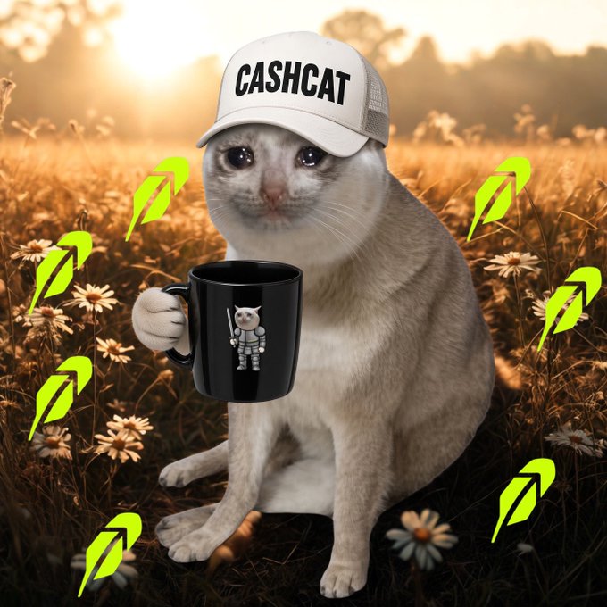 An image of a cat wearing a 'CASHCAT' baseball cap and holding a black mug with a character on it, surrounded by green leaf icons in a sunlit field.
