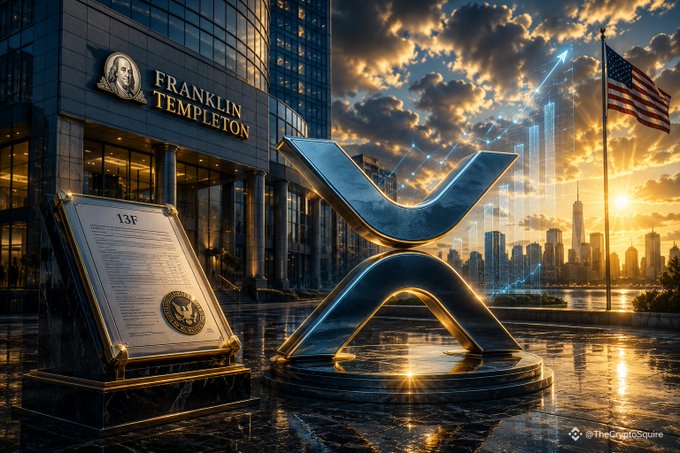 The image features Franklin Templeton's corporate headquarters with a prominent XRP logo sculpture displayed alongside a plaque referencing a "13F" filing, symbolizing the financial firm's recent XRP ETF (XRPZ) investment of $206,000 and 16,745 shares disclosed by Leisure Capital Management. The American flag and city skyline backdrop reinforce the institutional, U.S.-based nature of this latest XRP adoption milestone.