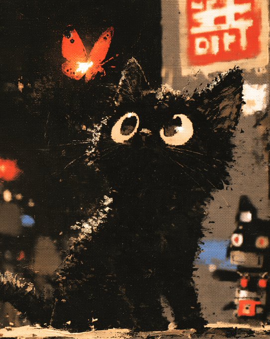 An artistic, textured painting of a black cat with large, luminous eyes looking upward toward a glowing orange butterfly.