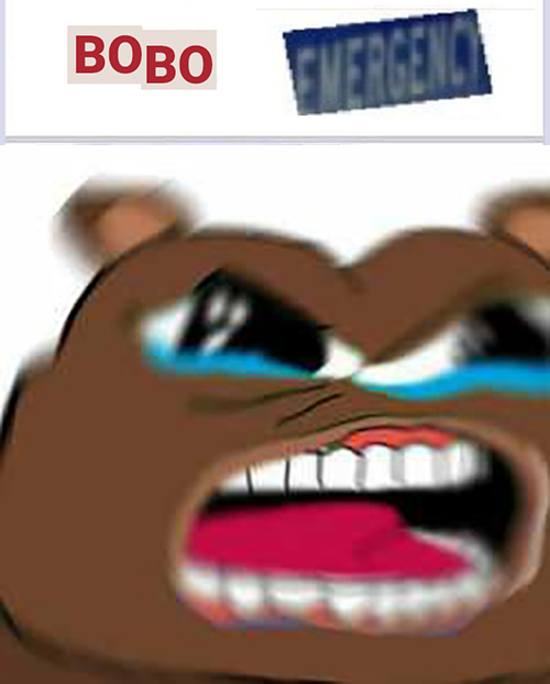 A distorted, low-resolution version of the bear character appears crying with its tongue out, with text labels 'BoBo' and 'EMERGENCY' above it.