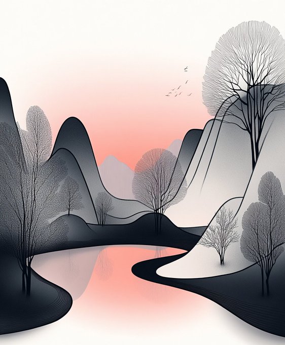 A serene, stylized illustration of a landscape featuring layered hills in shades of pink, gray, and black, with delicate silhouetted trees and a winding river reflecting the sunset sky.