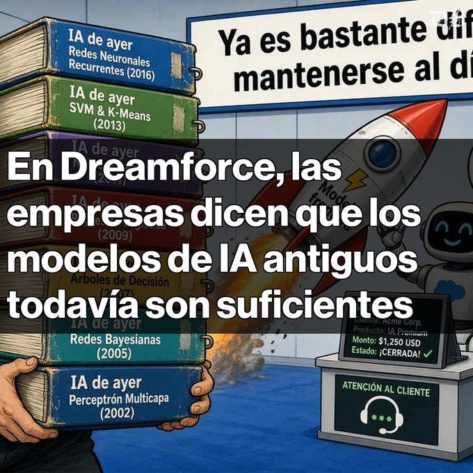 An AI-generated illustration depicting a stack of books labeled with old AI models like 'IA de ayer Redes Neuronales Recurrentes (2016)' and 'IA de ayer SVM & K-Means (2013)', with a rocket launching and a sign reading 'Ya es bastante difícil mantenerse al día', while text states 'En Dreamforce, las empresas dicen que los modelos de IA antiguos todavía son suficientes'.
