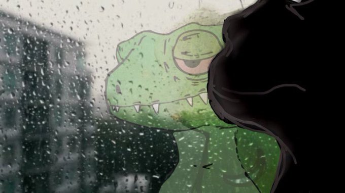 An artistic illustration of a green dinosaur-like creature with sharp teeth looking through a rain-covered window at a dark silhouette figure in the foreground.
