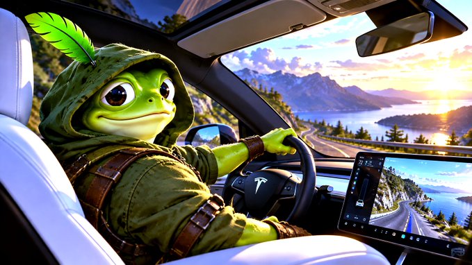 An AI-generated image shows a green frog-like creature with a leaf on its head driving a Tesla along a scenic coastal mountain road at sunset.