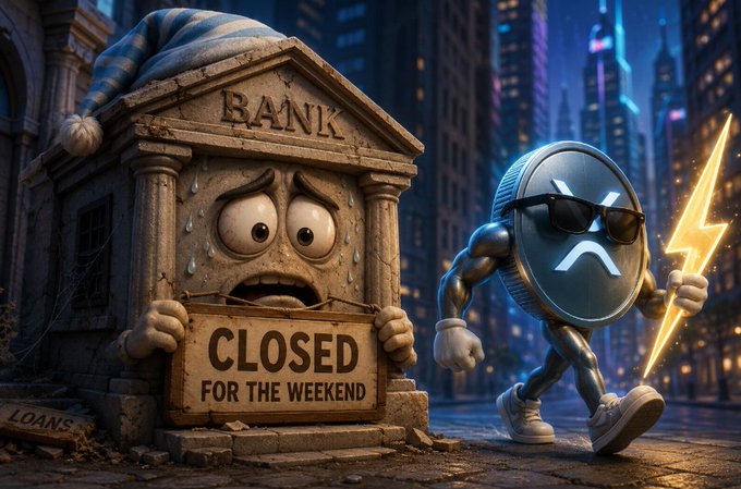 A stylized 3D illustration showing a sad, sweating bank building with a 'CLOSED FOR THE WEEKEND' sign next to an anthropomorphic coin character wearing sunglasses and holding a lightning bolt.