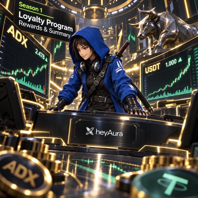 A digital illustration features an anime-style character in a blue hoodie at a trading desk displaying 'ADX' and 'USDT' charts, with 'Season 1 Loyalty Program Rewards & Summary' and the 'heyAura' logo visible.