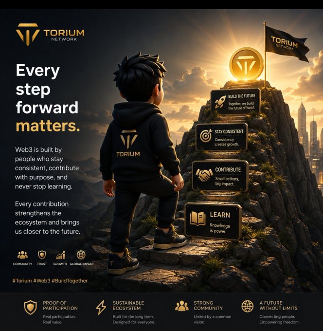 A Torium Network climber ascends a mountain of Web3 milestones—steps labeled “Build the Future,” “Stay Consistent,” “Contribute,” and “Learn”—illustrating the post’s mantra that “Every step forward matters” and that Web3 is built by people who stay consistent, contribute with purpose, and never stop learning.