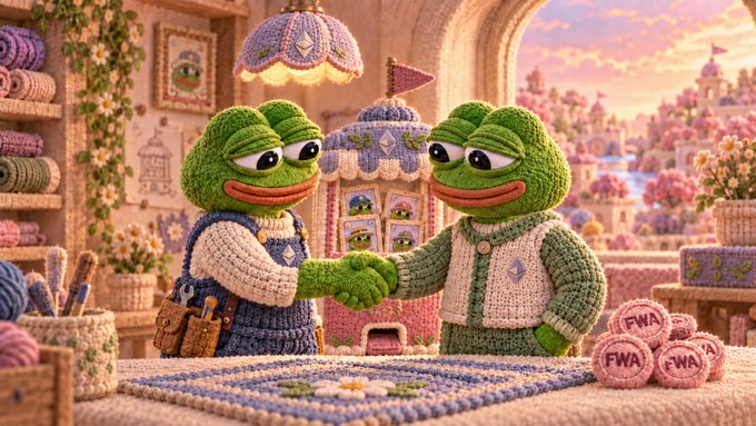 Two knitted amigurumi frog figures in cozy sweaters shake hands in a whimsical yarn-crafted room with pink yarn balls labeled 'FWA'.