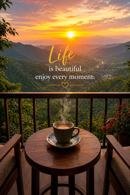 A scenic view from a balcony with a steaming cup of coffee on a wooden table overlooking a mountain valley at sunset, with the text 'Life is beautiful enjoy every moment.' and a heart symbol.