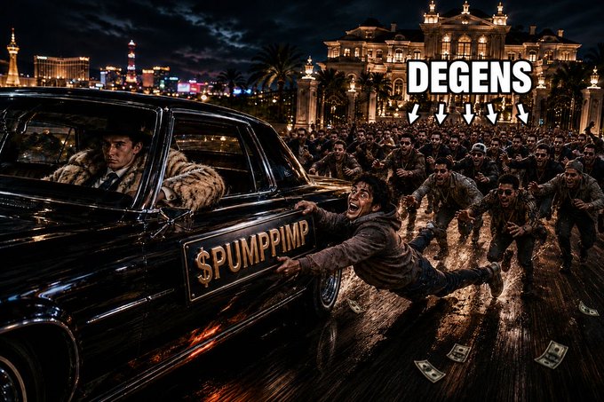 A meme image depicting a man in a luxury car labeled '$PUMPPIMP' being chased by a crowd labeled 'DEGENS' in front of a mansion, parodying the famous Scarface scene with a crypto/casino theme.