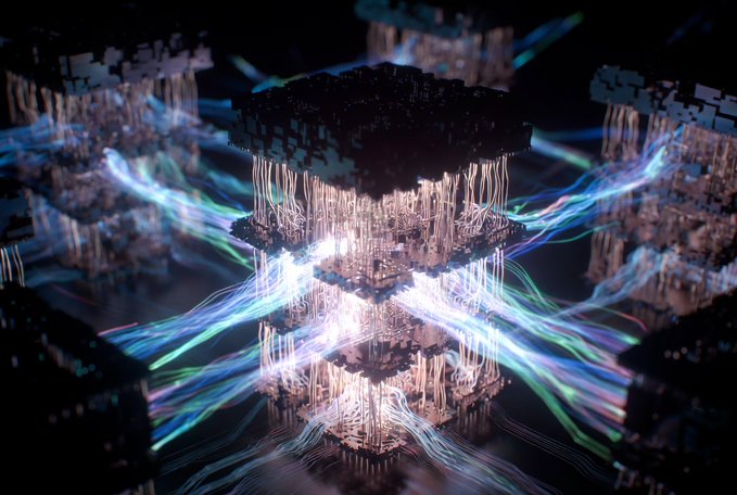 An abstract 3D rendering of glowing blue and green fiber-optic-like streams connecting through dark cube structures against a black background.