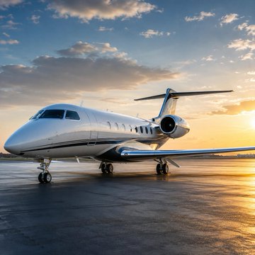 A sleek private jet sits on a tarmac against a sunset sky, exemplifying the luxury lifestyle purchases being made by newly wealthy AI entrepreneurs. The image visually represents the article's focus on how tech millionaires are splurging on high-end, personalized transportation like private aircraft.