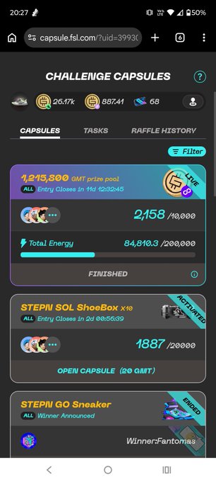 A screenshot of the capsule.fsl.com mobile app displays 'CHALLENGE CAPSULES' with active contests including a 1,215,300 GMT prize pool and STEP'N SOL ShoeBox raffles.