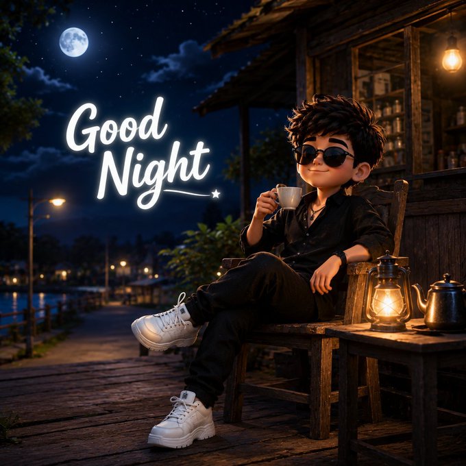 A 3D-animated illustration of a stylish boy with sunglasses holding a coffee cup at night, with the text 'Good Night' illuminated against a starry sky.