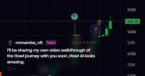 A screenshot of a video interface showing a candlestick chart on a dark background with a comment from 'mrmrmamba_nft' dated 'Oct 4, 4:15 AM' stating 'I'll be sharing my own video walkthrough of the Howl journey with you soon..Howl AI looks amazing.'
