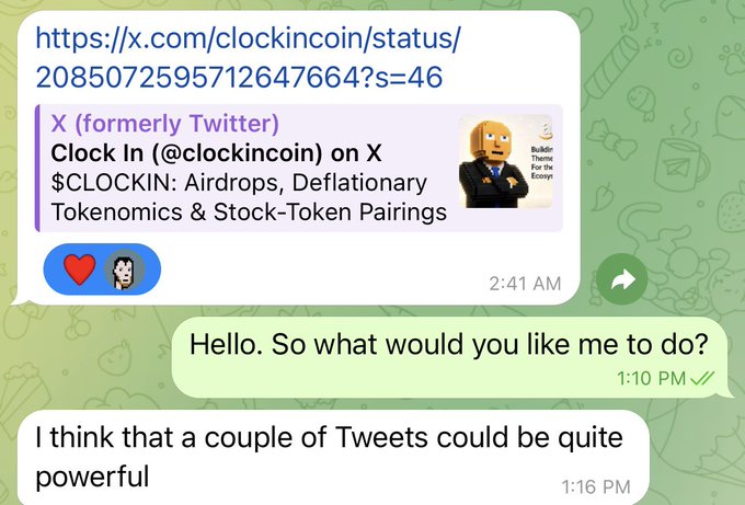 A WhatsApp conversation shows a user sharing a Clock In ($CLOCKIN) X post about airdrops and deflationary tokenomics, then asking the recipient to write promotional tweets for the project. The image illustrates the post's argument against paid KOL (Key Opinion Leader) endorsements, as it depicts a KOL soliciting free promotional content/tweets in exchange for coverage—exactly the behavior the post criticizes as undermining fair launches.