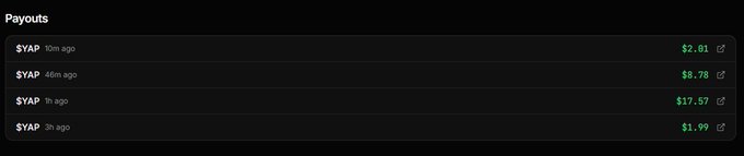 A dark-themed "Payouts" table showing four recent $YAP token transactions with timestamps (10m, 46m, 1h, 2h ago) and payout amounts of $2.81, $8.78, $17.57, and $1.99.