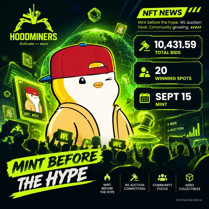 A promotional graphic for 'HOODMINERS' NFT featuring a cartoon penguin in a red cap, with text including 'MINT BEFORE THE HYPE', '10,431.59 TOTAL BIDS', '20 WINNING SPOTS', and 'SEPT 15 MINT'.