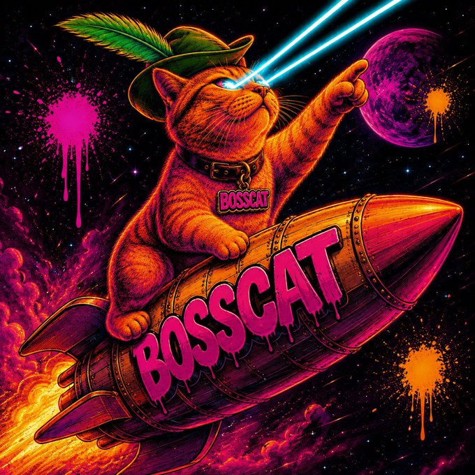 A vibrant digital illustration features an orange cat wearing a green feathered hat and a "BOSSCAT" tag, riding a rocket labeled "BOSSCAT" through a colorful, graffiti-splattered space scene while shooting laser beams from its eyes.